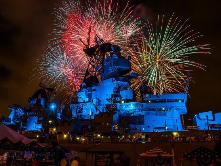Fireworks at Battleship IOWA during LA Fleet Week in San Pedro