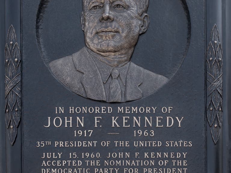 Memorial Court of Honor plaque commemorates John F. Kennedy's "New Frontier" speech at the LA Coliseum