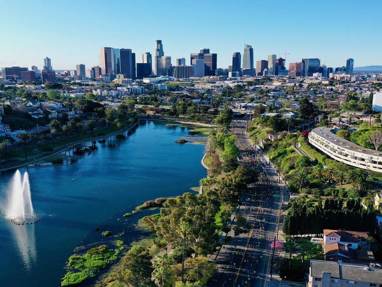 Los Angeles Marathon aerial view of Echo Park Lake