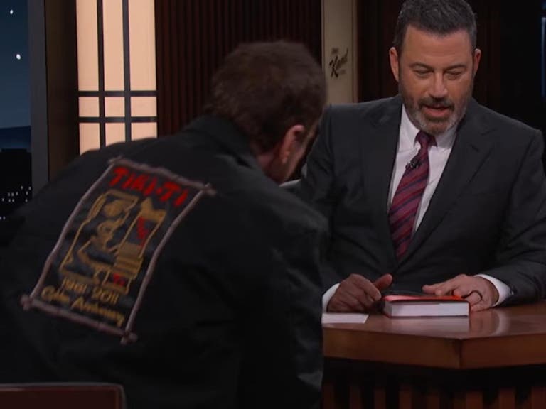 Quentin Tarantino wears a Tiki-Ti Golden Anniversary jacket on "Jimmy Kimmel Live!"