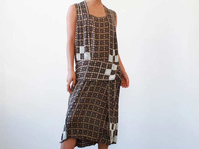 1920s Checkered Beaded Silk Flapper Dress at Blossom Vintage